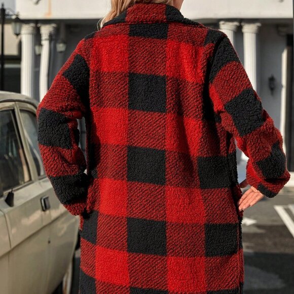 Red Preppy Womens Buffalo Plaid Print Lapel Neck Drop Shoulder Flannel… - Picture 2 of 5